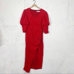 Self Portrait Crepe Red Midi Ruffle Puff Sleeve Crepe Dress Size 10